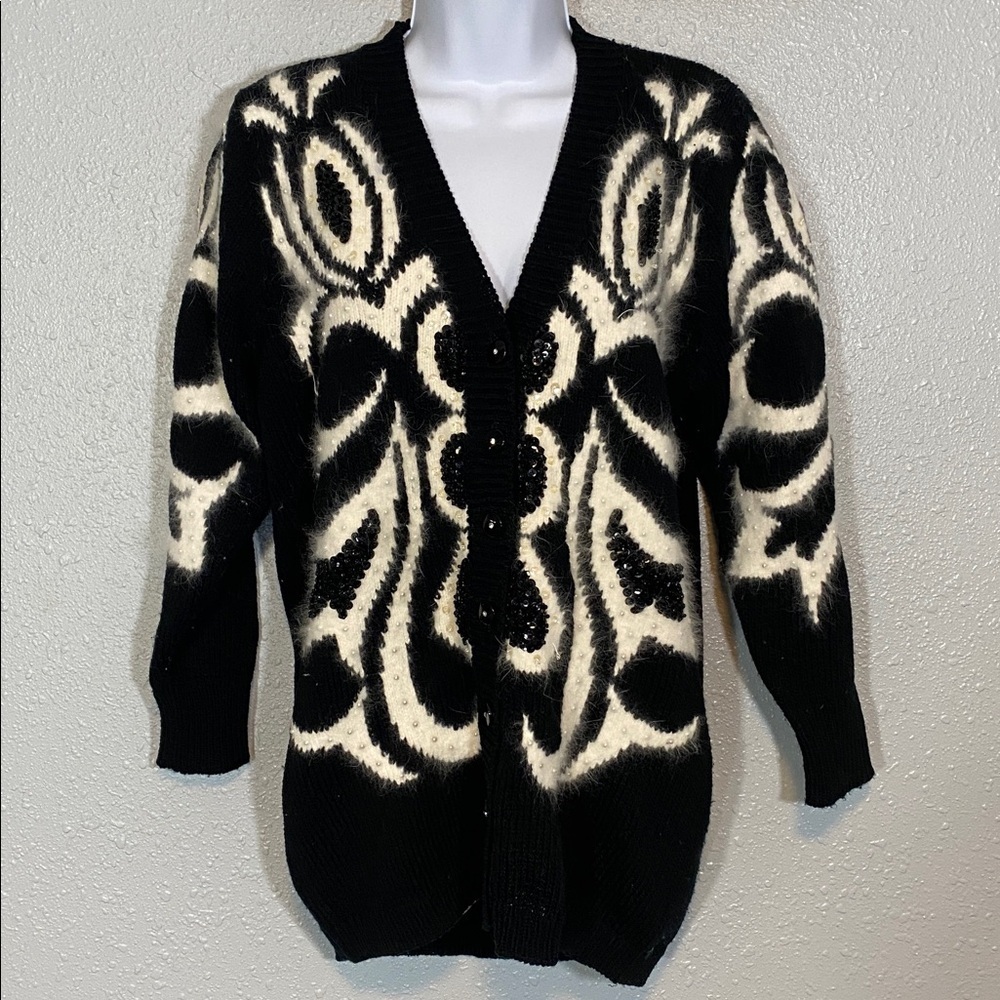 Vintage Christine Black & White Fuzzy Knit Cardigan, Beaded Button  Size M